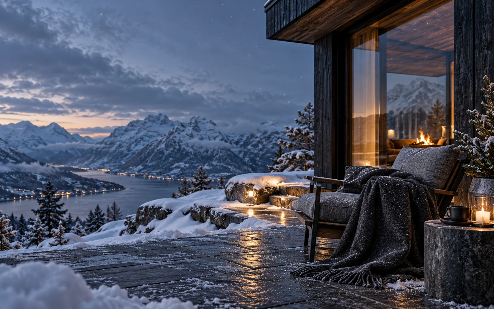 Snow-covered Norwegian mountain terrace with a warm cabin beyond
